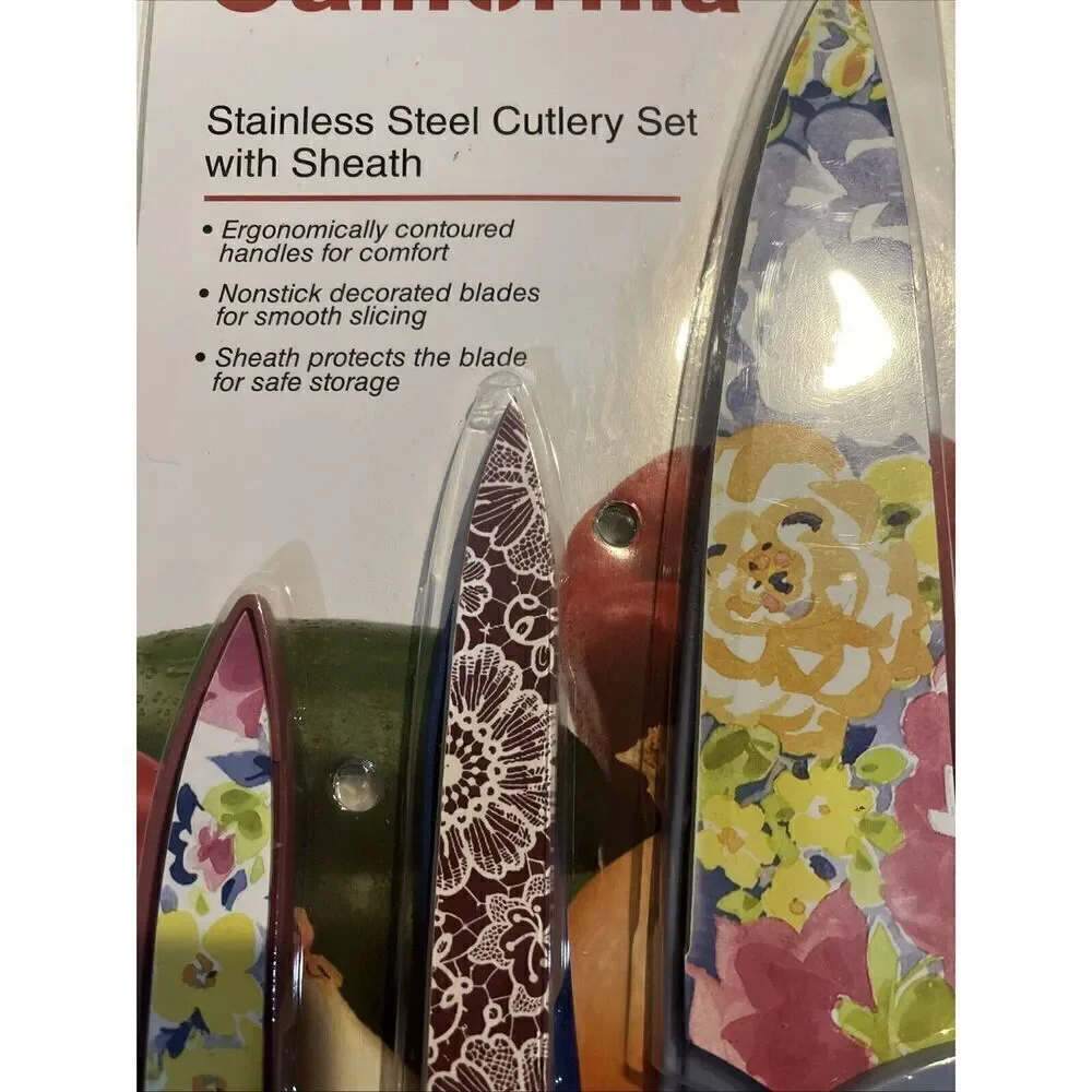 STUDIO CALIFORNIA 3 Piece STAINLESS STEEL DECORATED BLADES CUTLERY SET W/ SHEATH